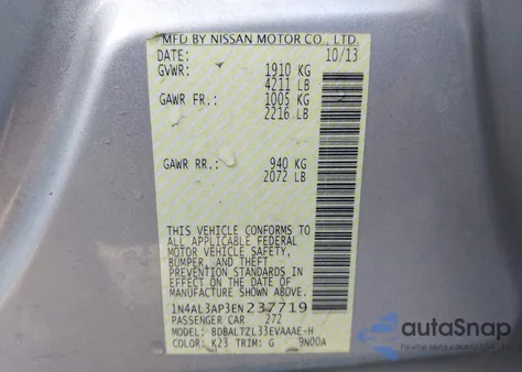 2014 Nissan Altima 2.5 Sv from USA, damaged, VIN 1N4AL3AP3EN237719